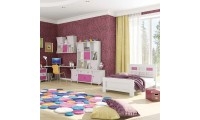חדר ילדים קומפלט דגם נורית כולל מיטה ושולחן כתיבה, מזנון, שידה, כוורות וארון בגדים מעוצב