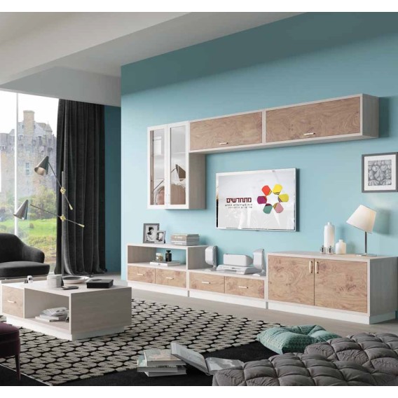 מזנון לסלון מעוצב כולל ויטרינה קלפה תלויה ושולחן קפה דגם מרסיי