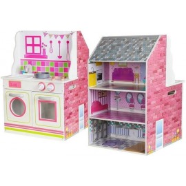 מטבח עץ משולב עם בית בובות מעץ 2 ב-1