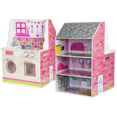 מטבח עץ משולב עם בית בובות מעץ 2 ב-1
