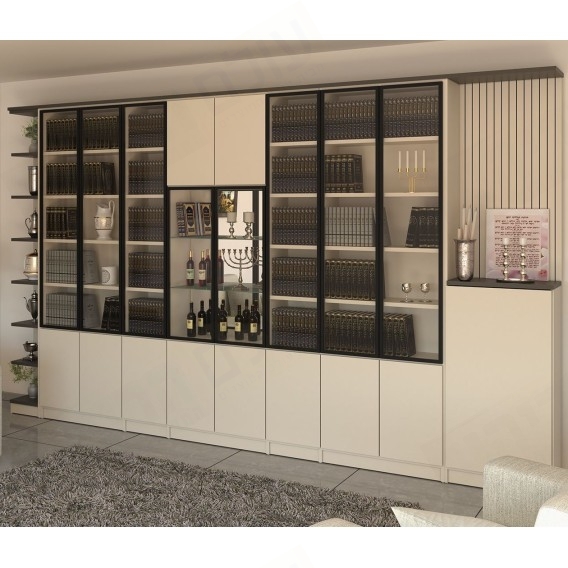 ספריית קודש מפוארת 9 דלתות עם ויטרינה מדף לנרות שבת ויחידת נוי דגם P609 ר.א ריהוט