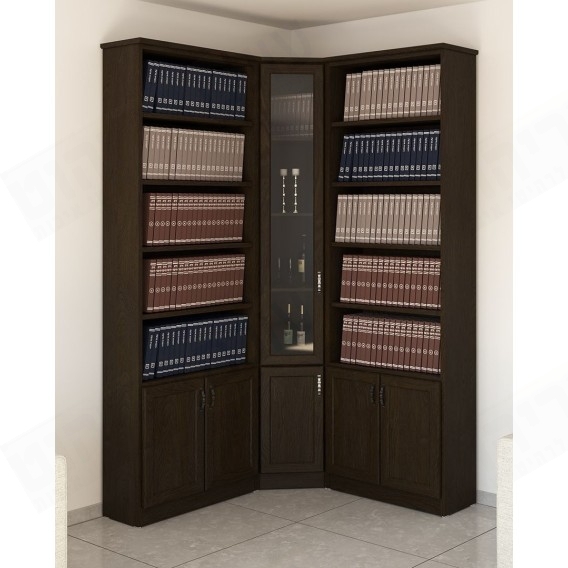 ספריית קודש פינתית 5 דלתות עם דלת מזכוכית וקרניז דגם עטרת 0010+0009+0010 ר.א ריהוט