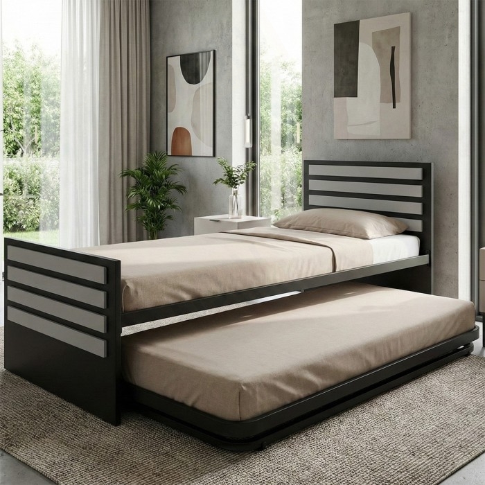 מיטת נוער היירזר כפולה עשויה מתכת דגם יוניק פסים