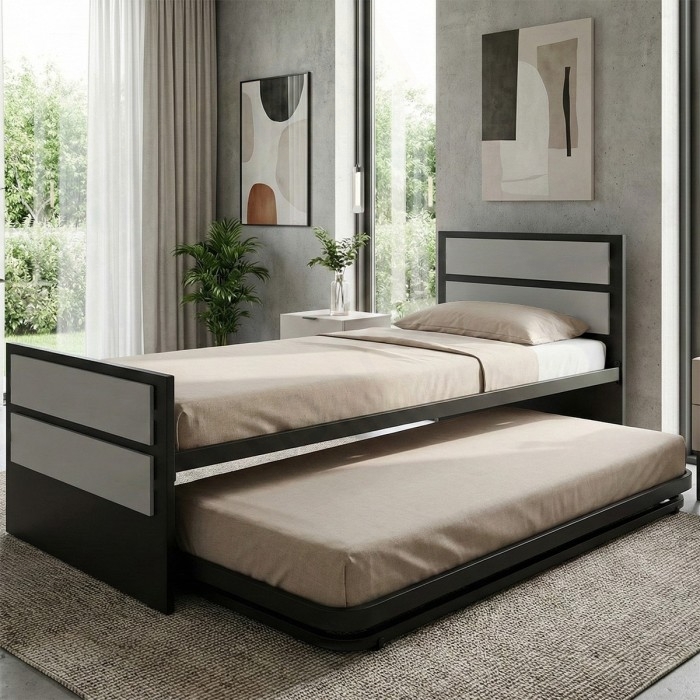 מיטת נוער היירזר כפולה עשויה מתכת דגם יוניק מלבנים