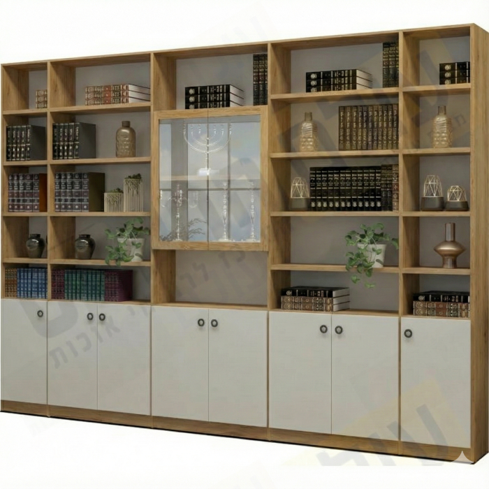 ספריית קודש סנדוויץ 8 דלתות תחתונות עם דלתות זכוכית באמצע חצויות דגם טבריה