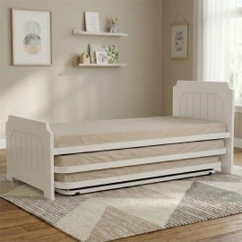 מיטת נוער היירזר משולשת עשויה מתכת משולב עץ דגם כפרי