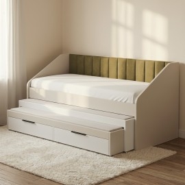 מיטת נוער כפולה עם גב מיטה מרופד + 2 מגירות דגם פיאנו