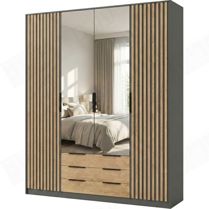 ארון בגדים 4 דלתות ו 3 מגירות בשילוב פסים דקורטיבי כולל מראה דגם סקיצה 26 שרטוט 3