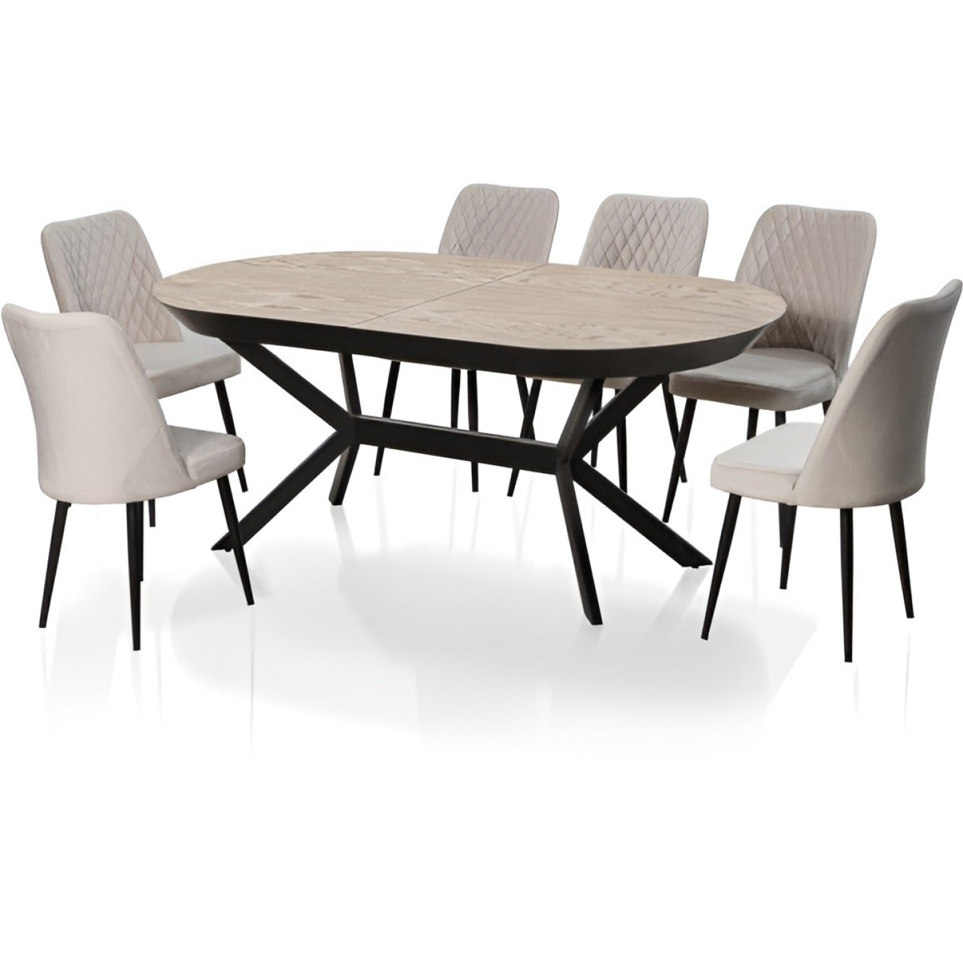 שולחן פינת אוכל עגול + 2 פתיחות לאליפסה + 6 כסאות 