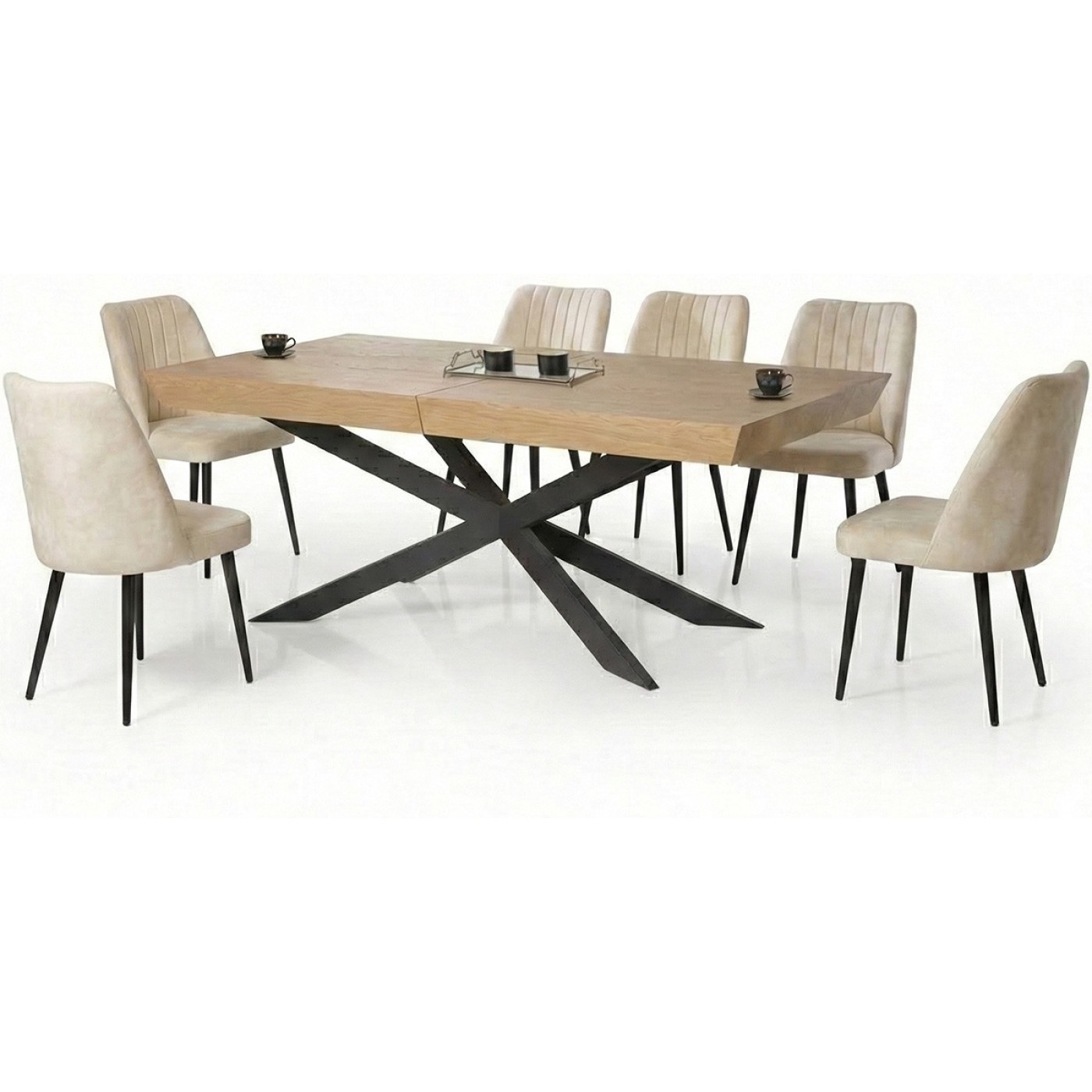 שולחן פינת אוכל מלבן + 2 פתיחות + 6 כסאות 