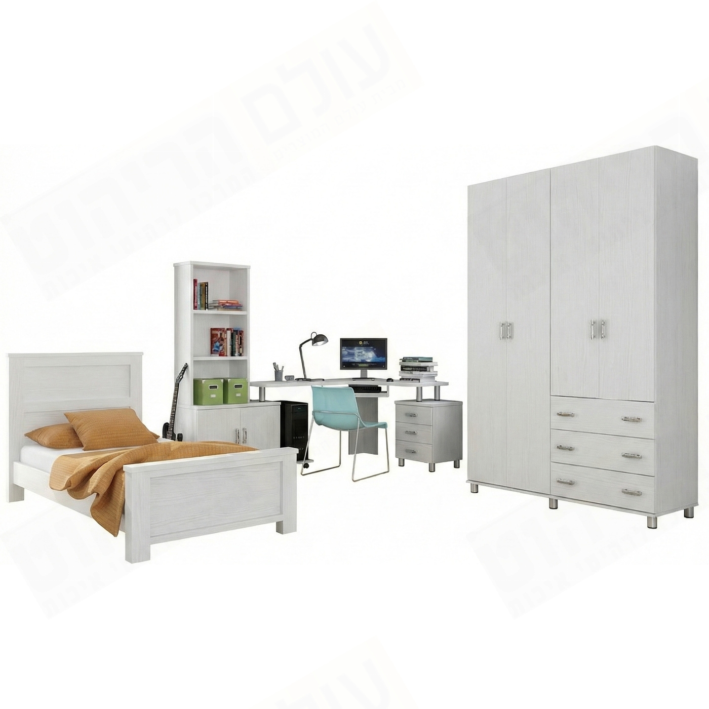 חדר ילדים קומפלט הכולל מיטה ארון שולחן כתיבה מזנון ושידה MDF דגם אושר