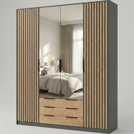 עוד עלארון יוקרה 4 דלתות דגם סקיצה 26 עיצוב דקורטיבי מודרני בשילוב מראה ומגירות אחסון