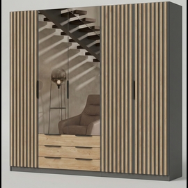 עוד עלארון יוקרה 5 דלתות דגם סקיצה 26 עיצוב דקורטיבי מודרני בשילוב מראה ומגירות אחסון