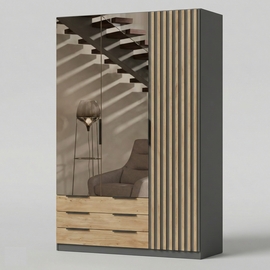 עוד עלארון יוקרה 3 דלתות דגם סקיצה 26 עיצוב דקורטיבי מודרני בשילוב מראה ומגירות אחסון