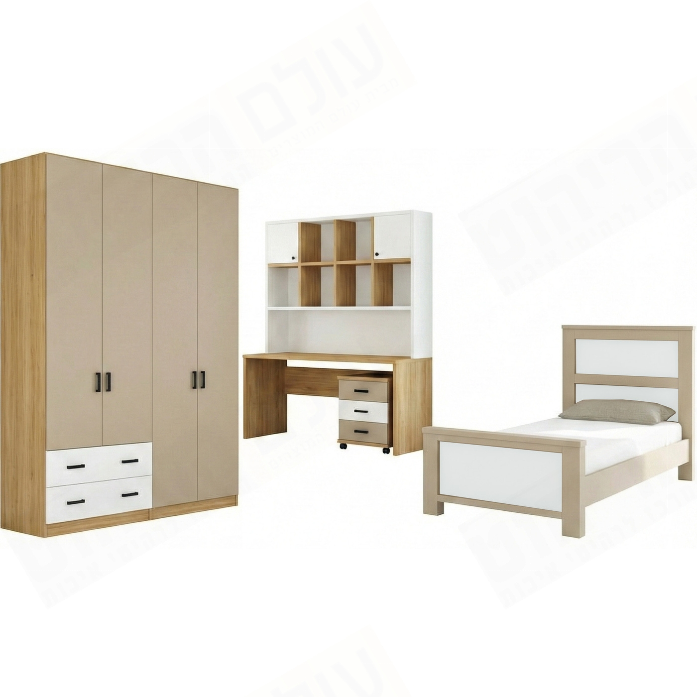 חדר ילדים מיטה ושידת 3 מגירות שולחן כתיבה + כוננית ארון 4 דלתות