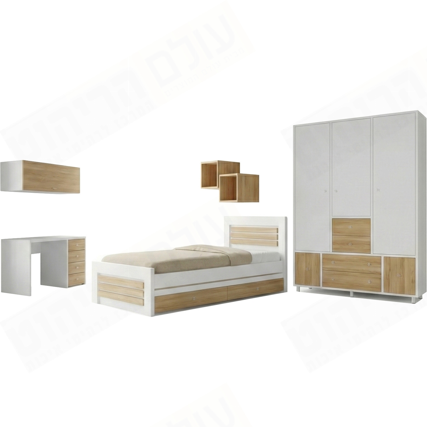 חדר ילדים קומפלט דגם סופרבוי כולל מיטה כפולה ו 2 מגירות שולחן כתיבה 4 מגירות + כוורות וארון מעוצב