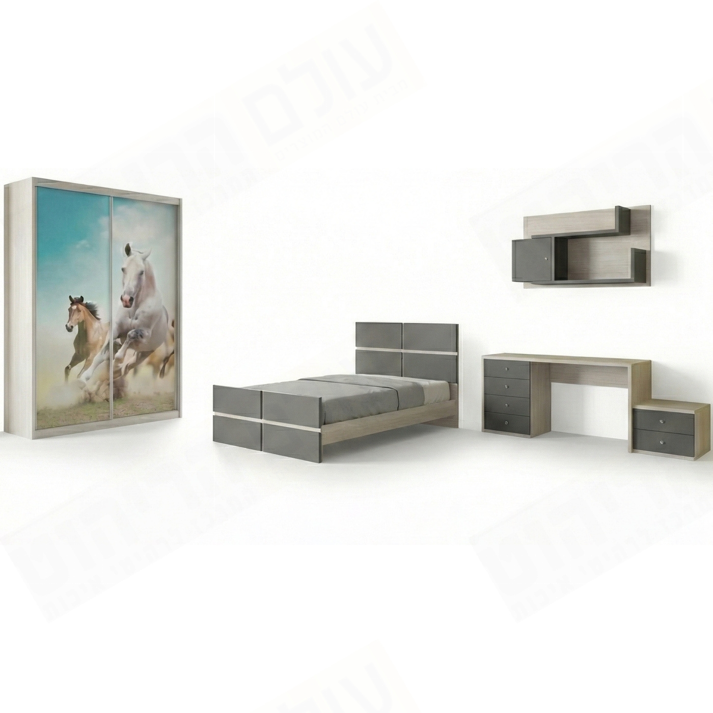 חדר ילדים קומפלט דגם דורין כולל מיטה כפולה ו 2 מגירות שולחן כתיבה 6 מגירות + כוורת  וארון הזזה עם הדפס